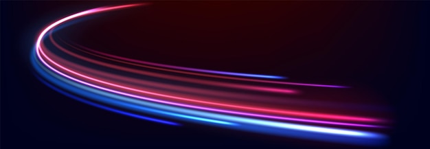 Spoedlijn achtergrond Gloeiende kleur snelheidslijnen bochten auto spoor met beweging vervaagde licht effect Neon gekleurde race op nacht weg snelweg Blauwe en rode golvende paden Vector concept