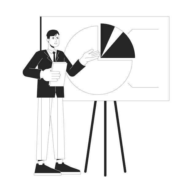 Spokesperson giving presentation flat line black white vector character Editable outline full body person on white Sales seminar simple cartoon isolated spot illustration for web graphic design