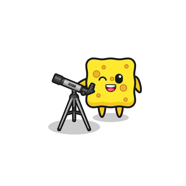 Sponge astronomer mascot with a modern telescope