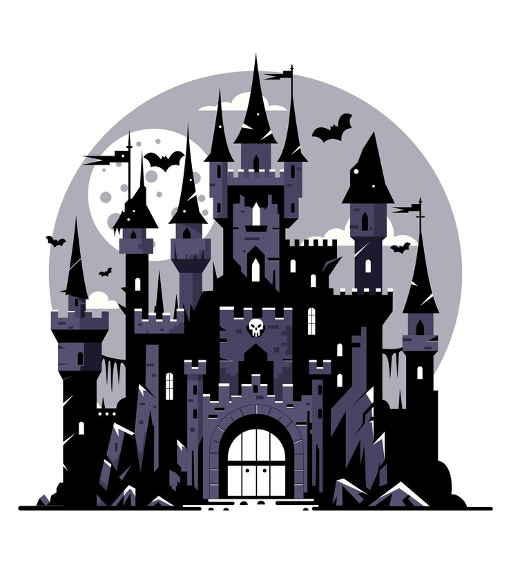 Vector a spooky castle with bats flying around in a flat graphic style set against a moonlit background halloween concept vector illustration