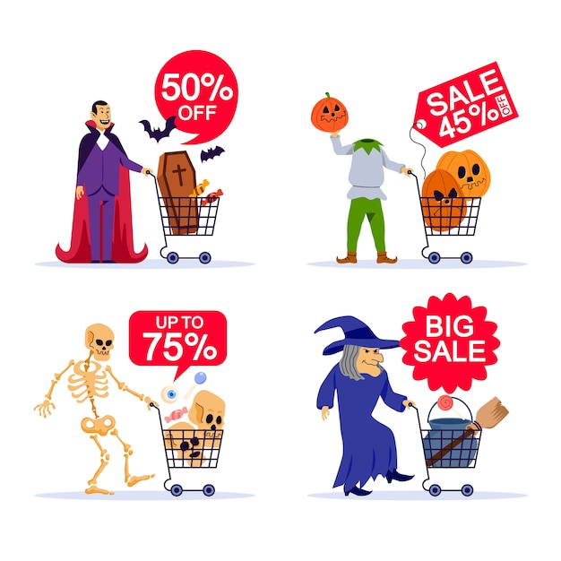 Vector spooky character and shopping cart in halloween sale