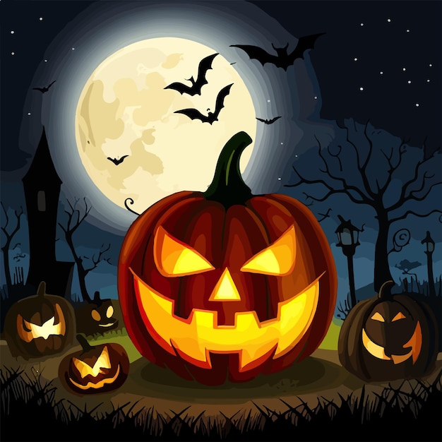 Spooky dark halloween background pumpkins gravestones and bats on background of the full moon vector