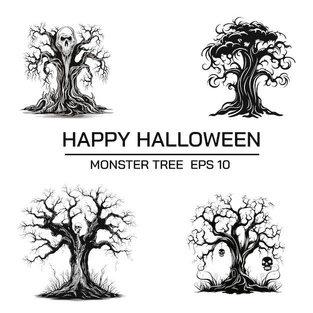 Vector spooky forest a quartet of haunting halloween trees