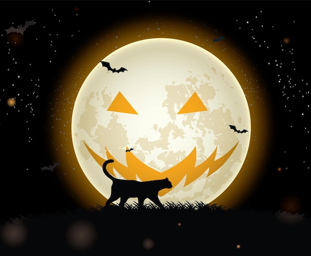 Spooky full moon background with cat and bat