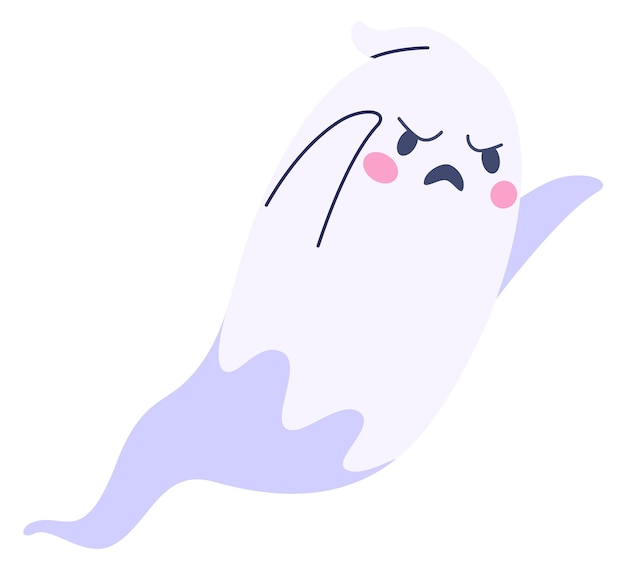 Vector spooky ghost cute horror spirit with scary face isolated on white background