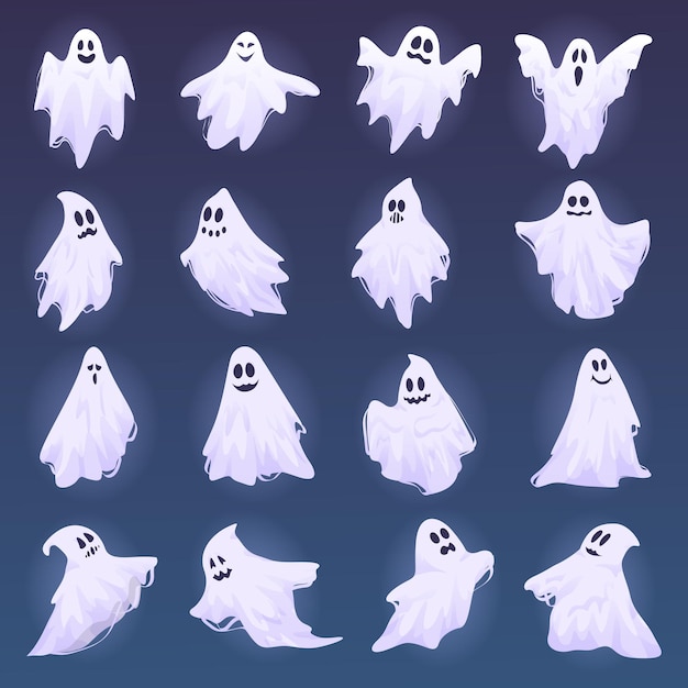 Spooky ghosts collection of halloween isolated set of personages in costumes halloween