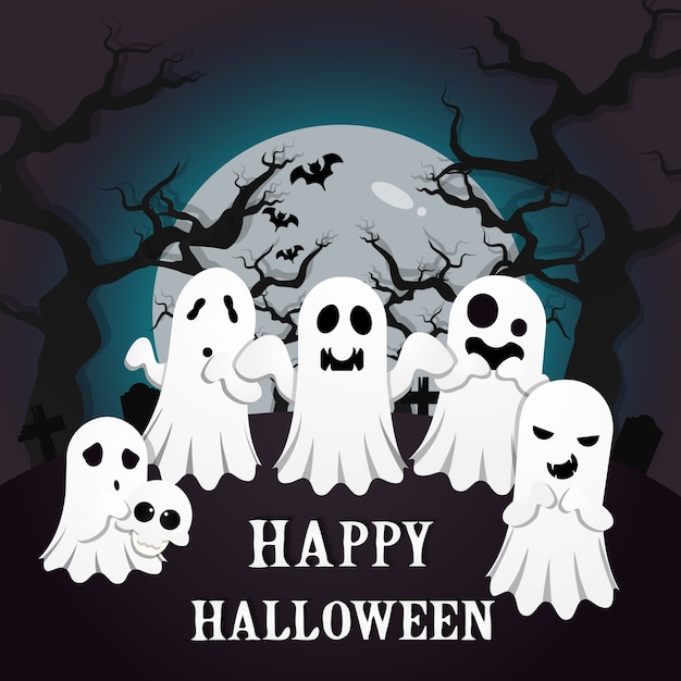 Spooky halloween background with white ghosts in cemetery.