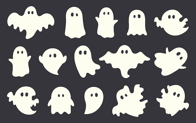 Spooky halloween ghost Fly phantom spirit with scary face Ghostly apparition in white fabric set