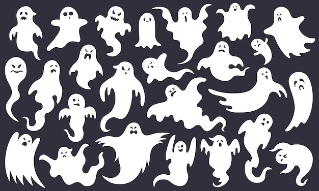 Spettrale fantasma di halloween. caratteri fantasma spaventosi, fantasma divertente della mosca, insieme sorridente sveglio dell'illustrazione delle mascotte del fantasma di halloween di spavento. fantasma di halloween bianco, poltergeist spettrale dei cartoni animati