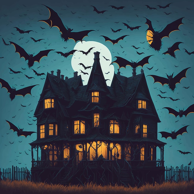 spooky halloween house with bats flying over