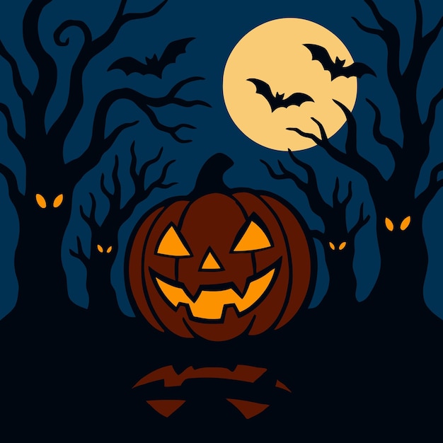 spooky halloween jack o lantern in dark forest
