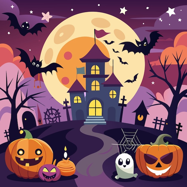 Spooky Halloween Night with Haunted House and Pumpkins