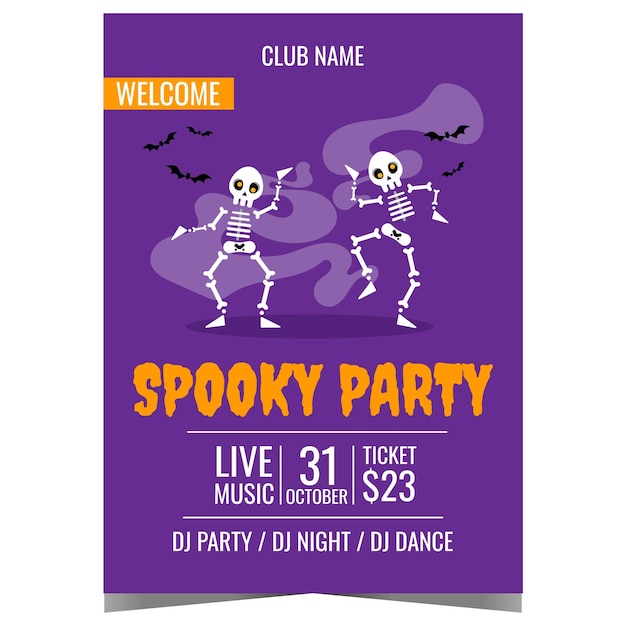 Vector spooky halloween party poster or banner with funny cartoon dancing skeletons and flying bats