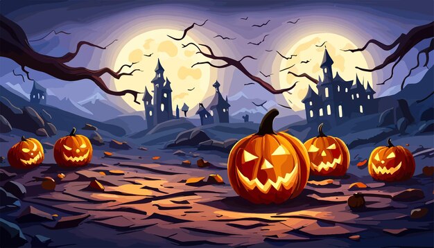 Вектор Жуткие тыквы на хэллоуин, фонарь со злым лицом и глазами на траве в туманную ночь