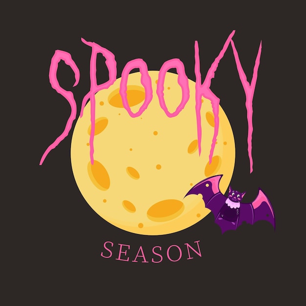 Spooky halloween season. Halloween banner with bat on full moon background and text.