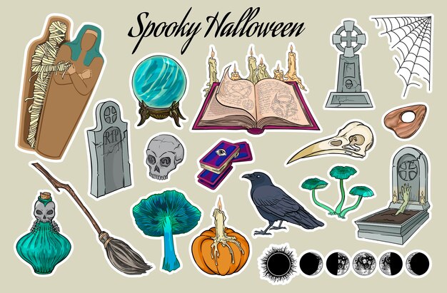 Spooky halloween sticker set hand getrokken vectorillustratie geïsoleerd op background