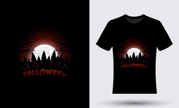 Жуткая иллюстрация футболки Хэллоуина с красочным дизайном фона лунной ночи