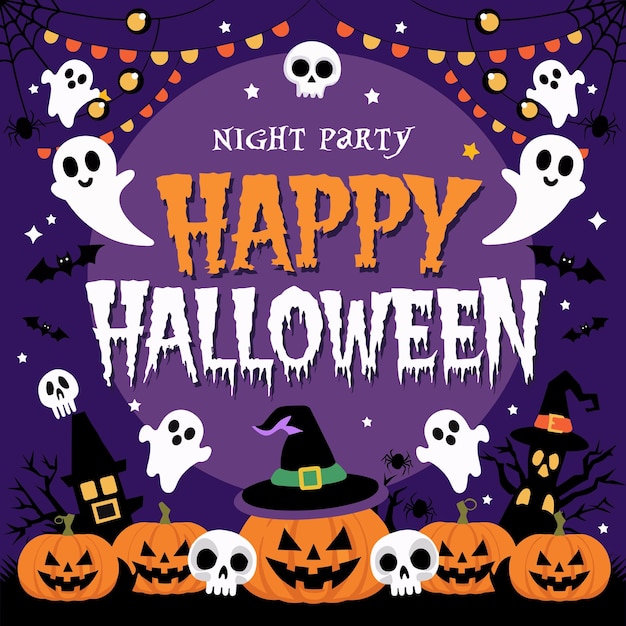 Vector spooky halloween typography with festive elements on purple background