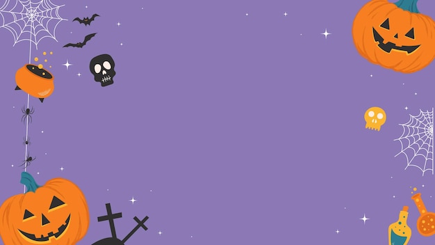 Spooky Horizontal Halloween Banner Drawing of Ghosts Pumpkins Spiderwebs other Spooky Decorations
