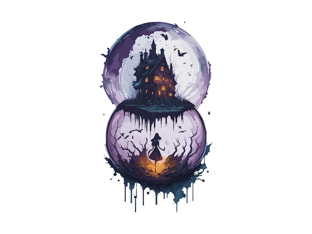 spooky horror house in magic crystal ball watercolor vector illustration clipart