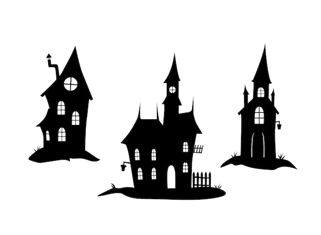 spooky house silhouette set of halloween isolated on white background vector illustration