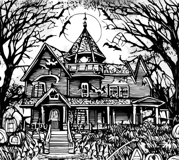 Spooky house trees bat birds - halloween illustration coloring page