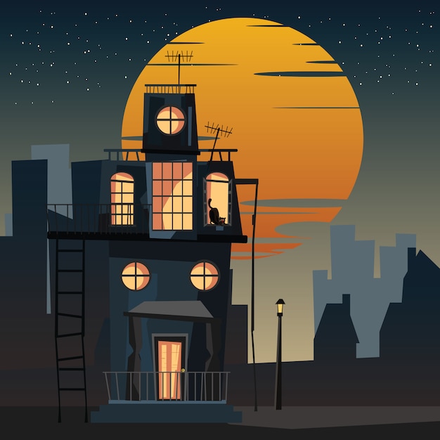 spooky housed and cat at night vector illustration 