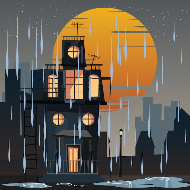 Vector spooky housed in rainy day vector illustration