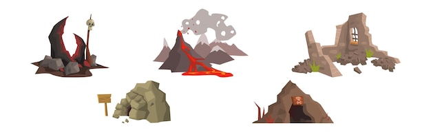 Spooky landscape elements with ruins and cave vector set outdoor scary terrain