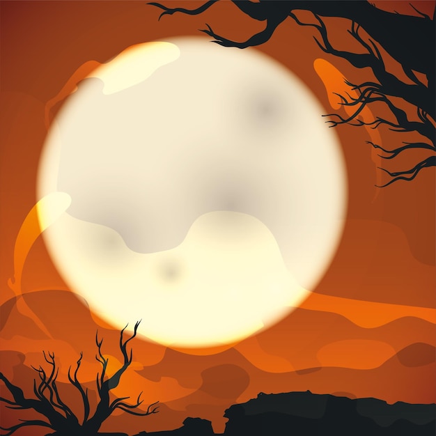 Vector spooky landscape view with full moon branches of dead trees mist and ghosts