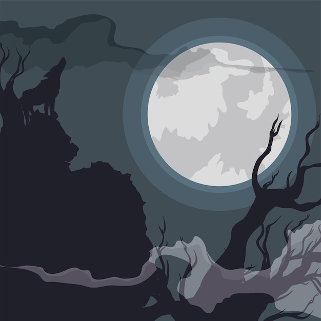 Vector spooky night in a forest with mist and wolf howling to the full moon