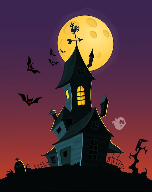 Spooky old ghost house Halloween cardposter Vector illustration