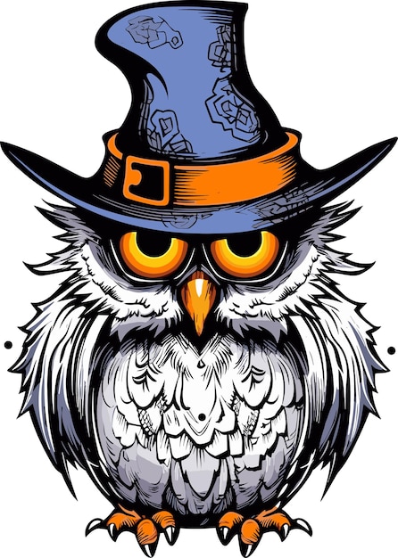 Vector spooky owl in hat halloween tee bold outline caricature art digital enhancement