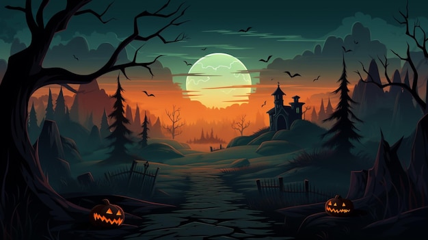 Vector a spooky scene with pumpkins and bats in the background