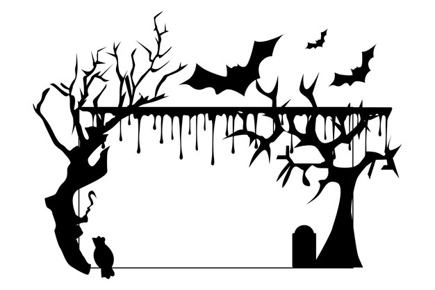 Vector spooky silhouette background trees bats and house fences suitable for halloween background