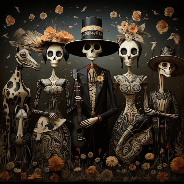 Vector spooky spectacle tim burton geïnspireerd op day of the dead skeleton family