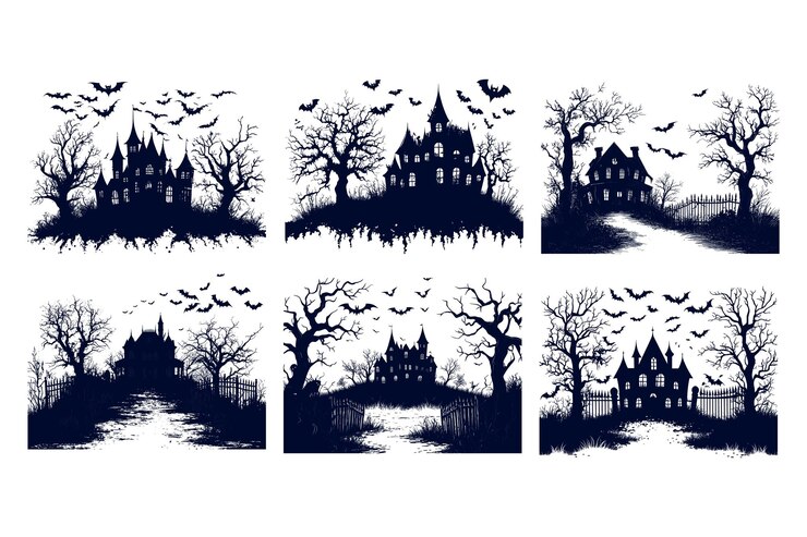 Vector spooky themed silhouettes of haunted houses and bats in a dark forest setting