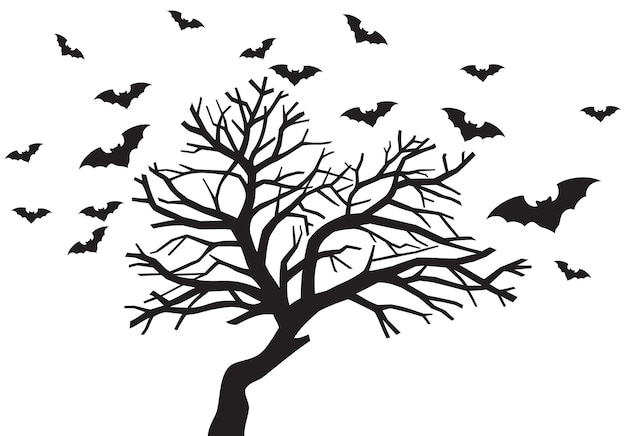 Vector spooky tree and flock of bats