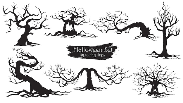 Vector spooky trees silhouette collection of halloween