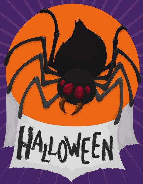 Вектор Жуткий вид паука, шьющего свою паутину, готового к проказам во время празднования хэллоуина