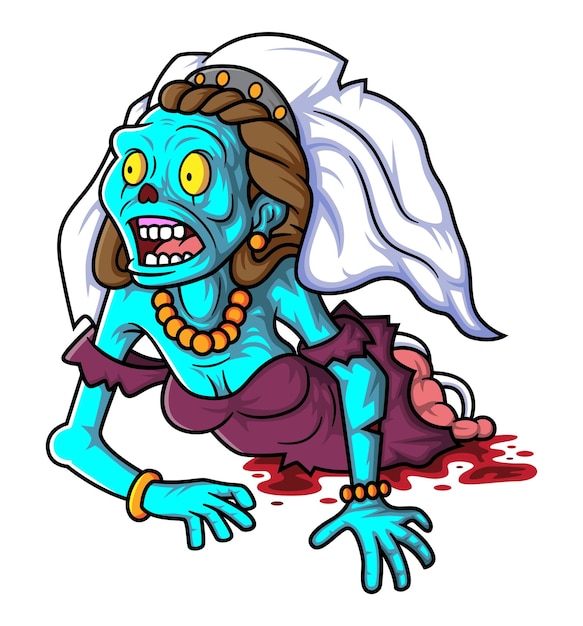 Spooky zombie bruid stripfiguur op witte achtergrond