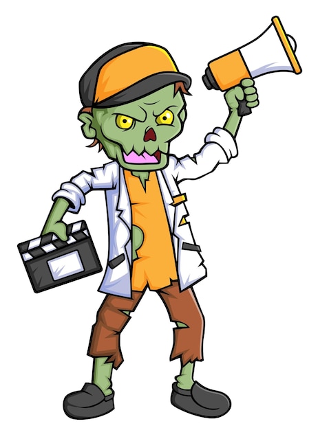 Spooky zombie director cartoon character on white background