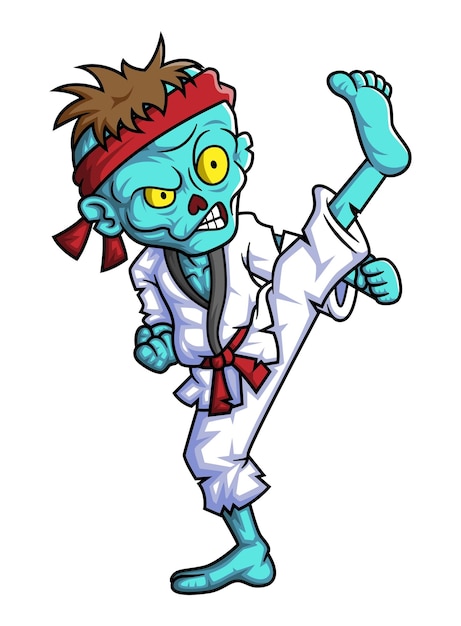 Spooky zombie fighter cartoon character on white background