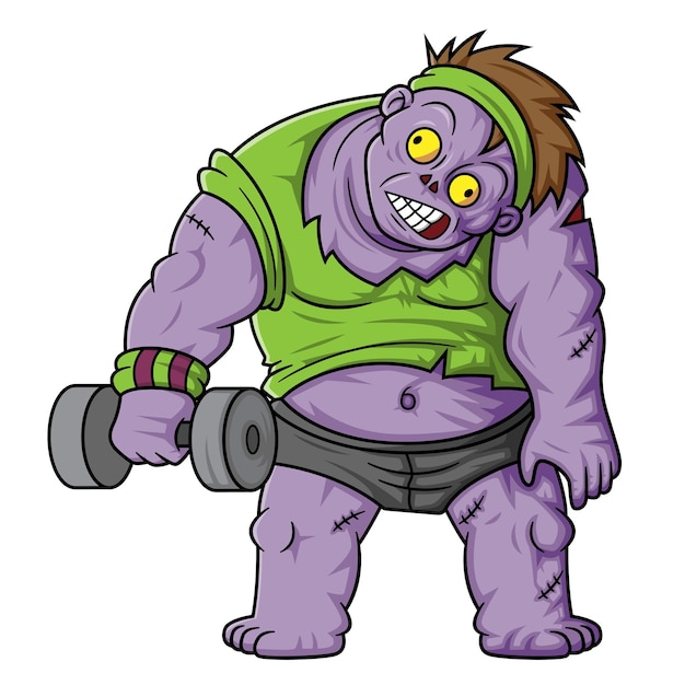 Spooky zombie gym cartoon character on white background