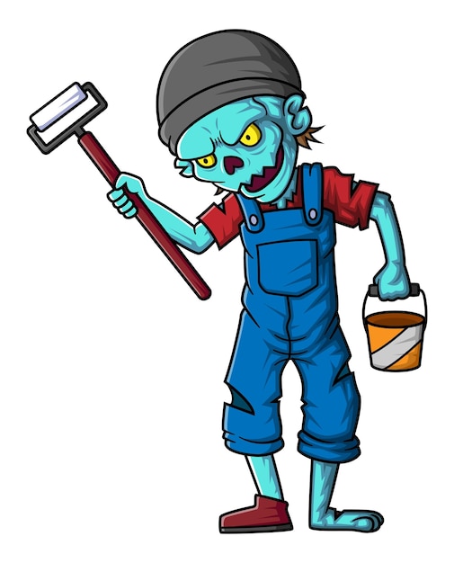 Vector spooky zombie painter cartoon character on white background