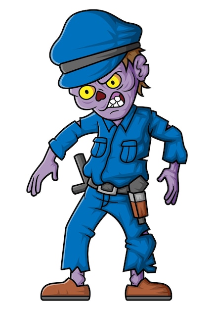 白い背景の上の不気味なゾンビ警官の漫画のキャラクター
