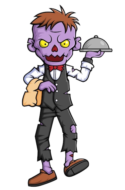 Spooky zombie waiters cartoon character on white background