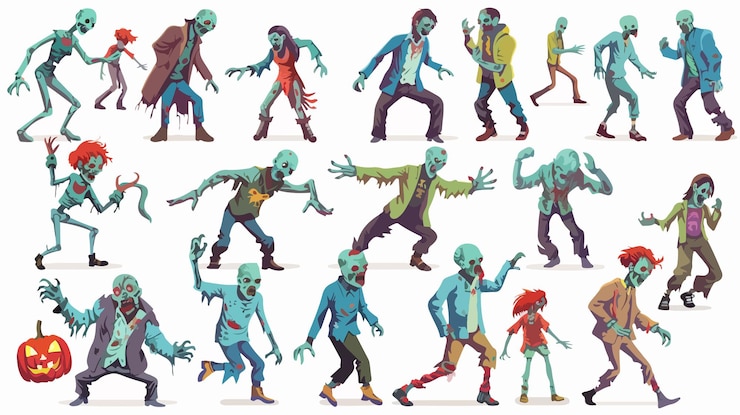 Vector spooky zombies set isolated on white background for halloween characters
