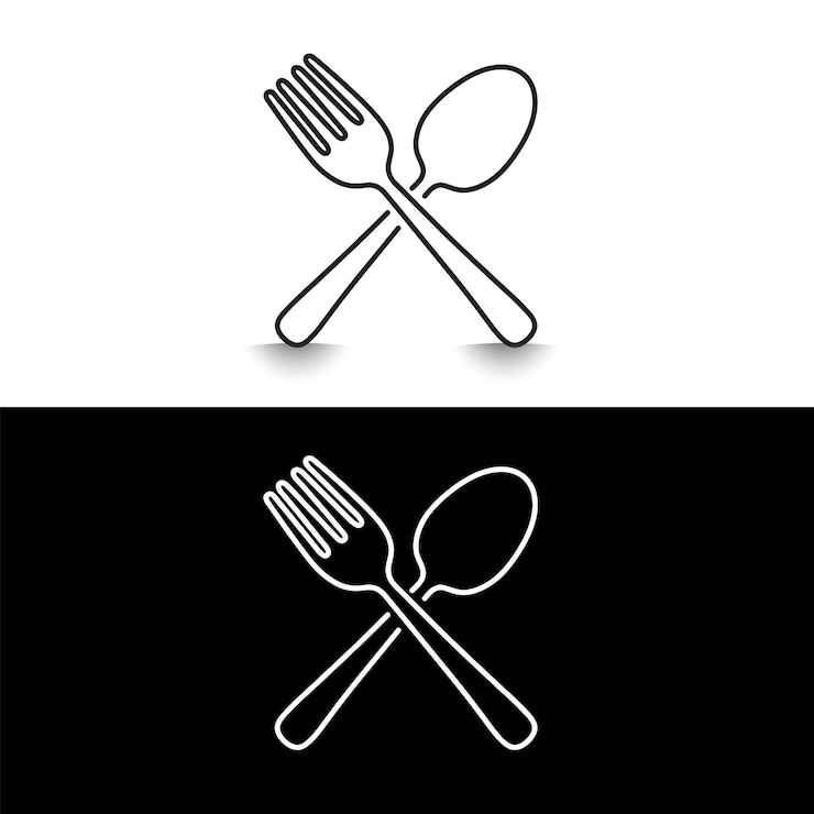 Vector spoon and fork icon inline style line drawing with editable stroke logo
