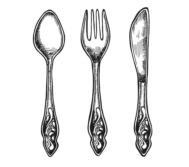 Spoon fork and knife hand drawn illustration